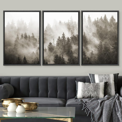 3 piece canvas wall art - misty offers forest with doe